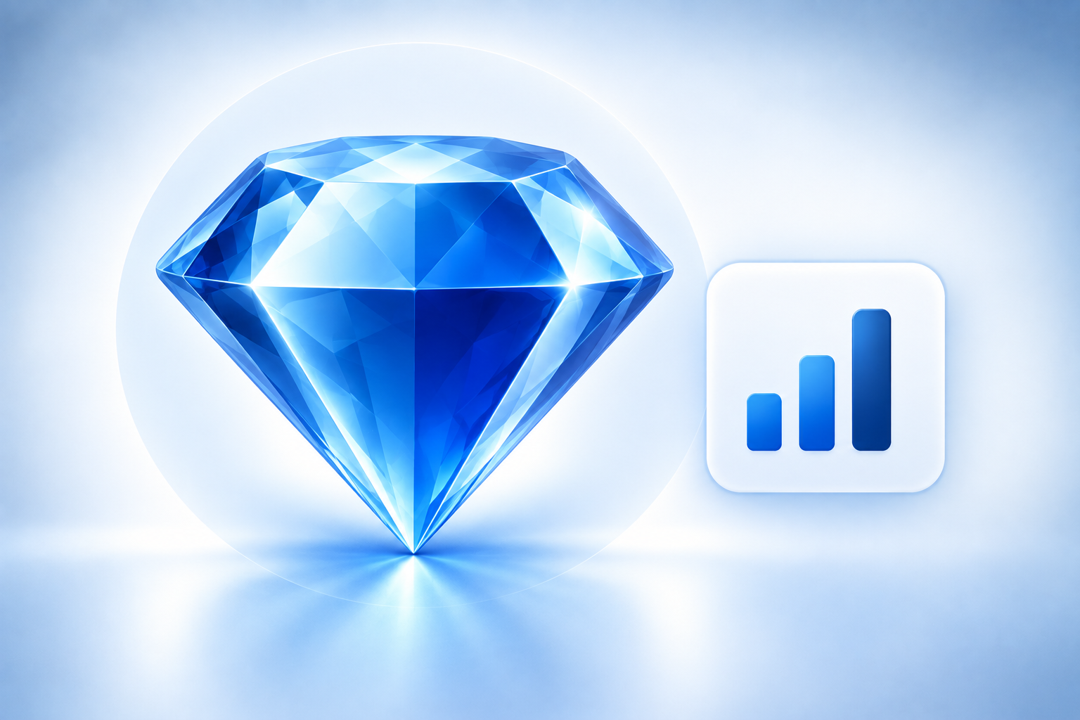3D blue diamond and analytics symbol representing fair pricing and value